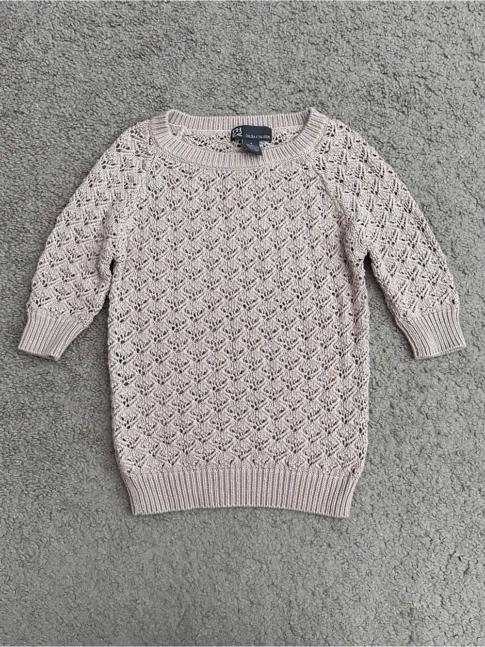 Chelsea & Theodore Open-Knit Crewneck Sweater Womens S Mauve Blush
